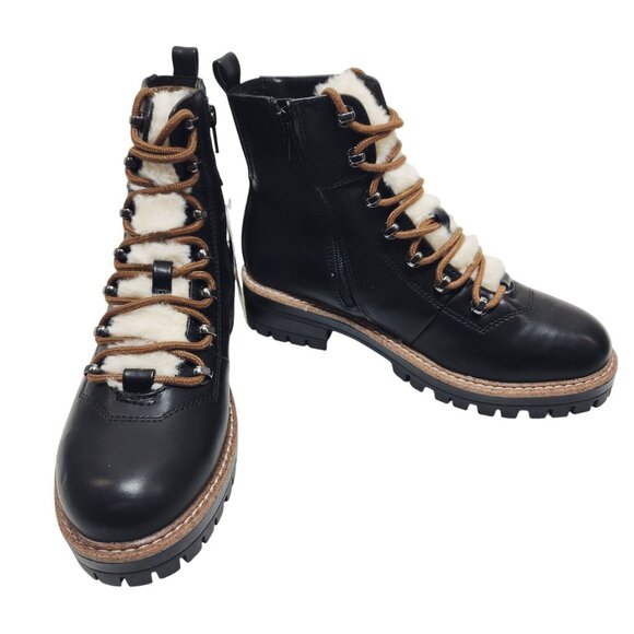 Black Leather Faux Fur Lined Lace-Up Ankle Boots With Side Zipper & Size 7 - Picture 3 of 11